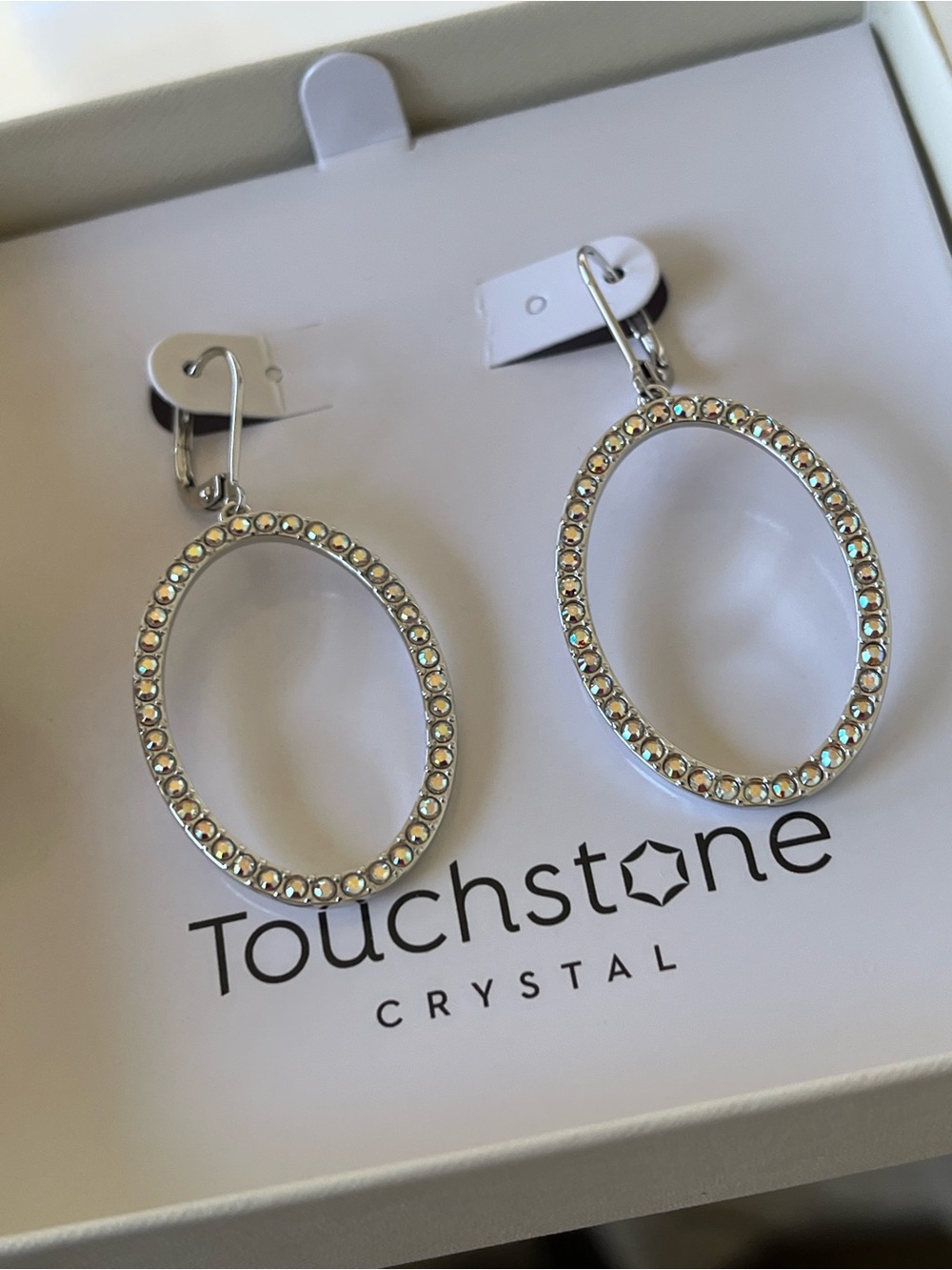 Touchstone Crystal “Dash Out” Oval Drop Earrings - Silver Aurore Borealis - Picture 9 of 10
